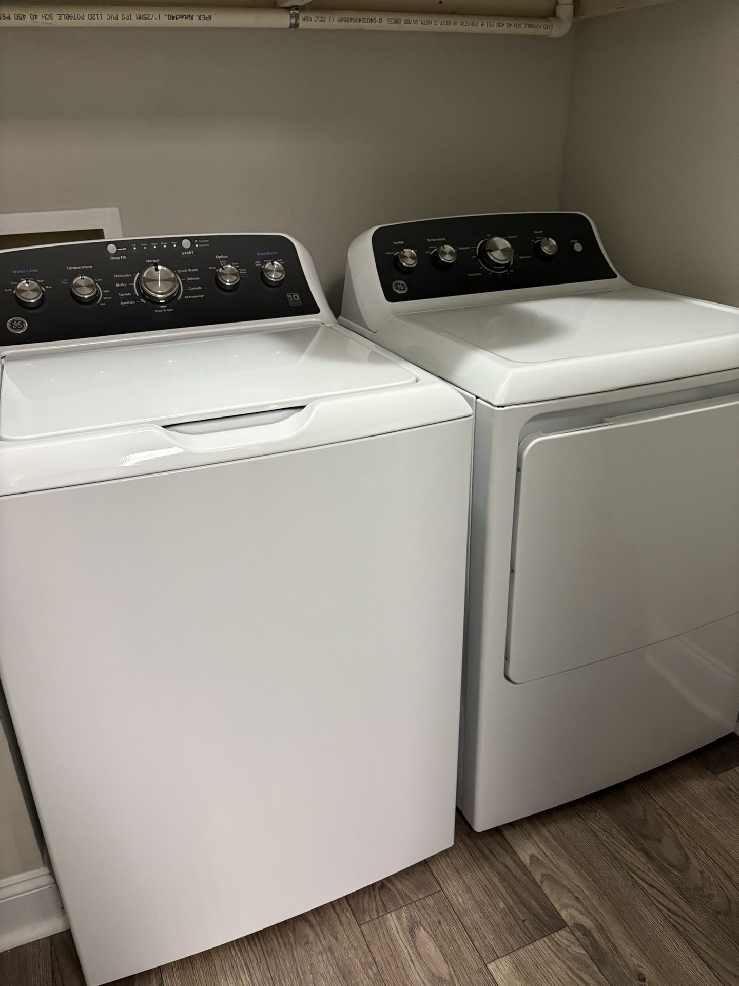 Moving sale! GE washer and dryer including washer supply line and dryer plugs and cords.
