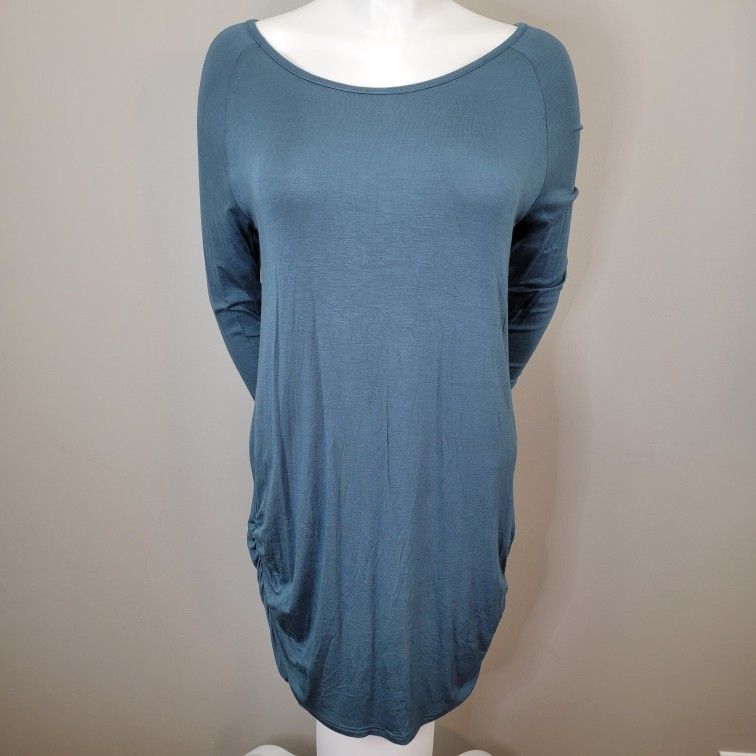 Filly Flair Long Sleeve T-Shirt Dress Ruched Casual Blue-Green Tunic Top Size L
