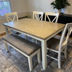 White and Gray Dining Table with Storage Bench