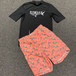 Old Navy boys 18 sharks swim trunks and Cherokee size 16 rash guard  