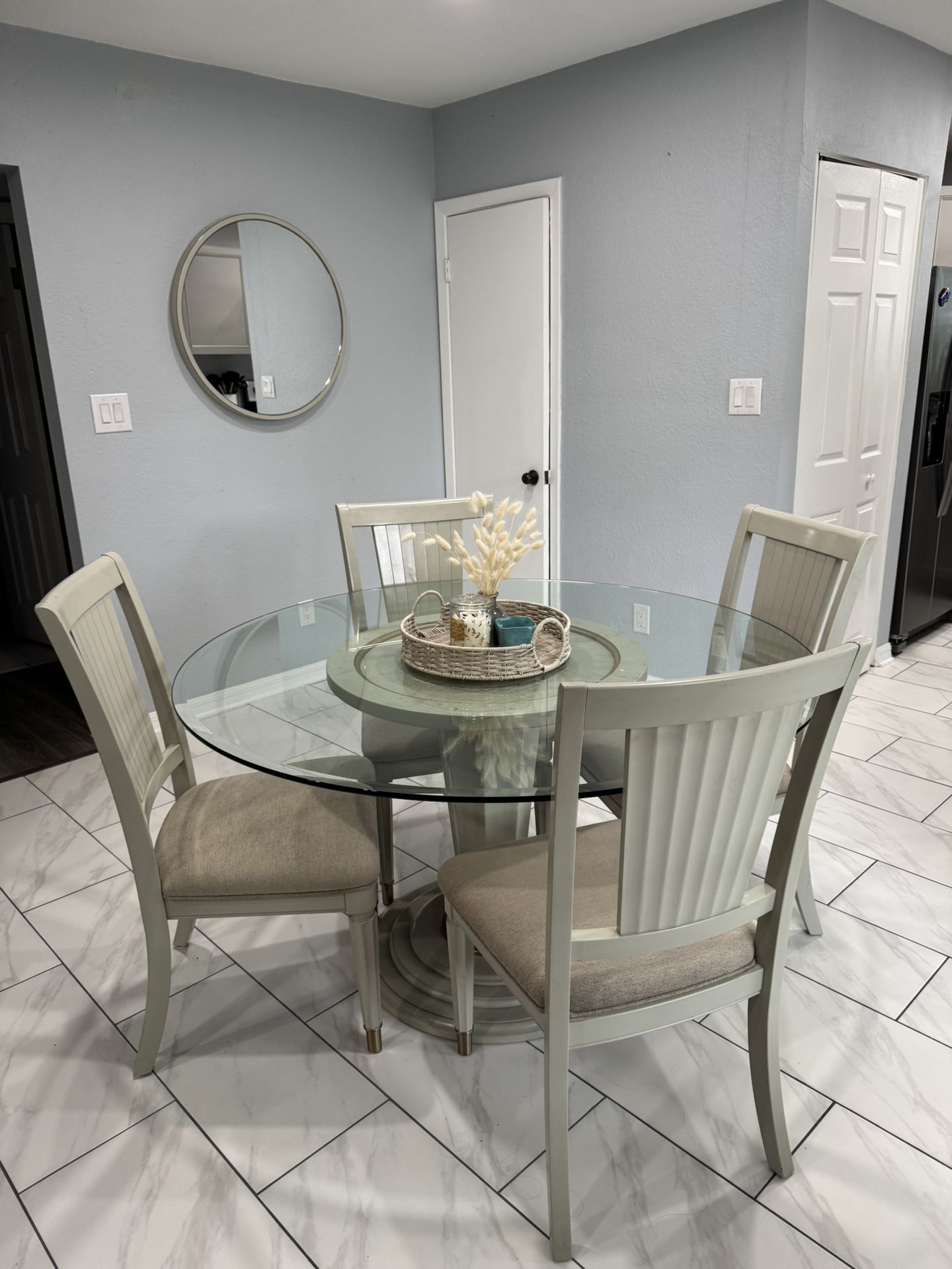 Dining table and chairs with matching mirror