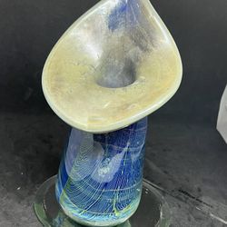 VTG Hand Blown Studio Art Glass Jack In The Pulpit Vase Blue & Yellow Damaged 9”