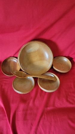 Vintage MCM Blonde Maple Wood Salad serving set of 6 pieces Hand turned made in Japan