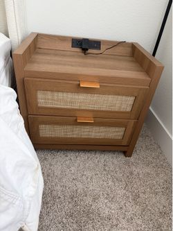 Set of 2 Rattan Nightstands with Charging Station – Like New