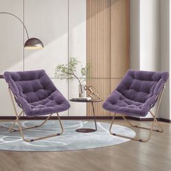 Folding Saucer Chair Set of 2, Oversized Faux Fur Lounge Reading Seat with Thick Padded Metal Frame, for Bedroom Living Room, Purple