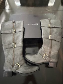 NIB Boutique 9 Dacia Tall Leather Buckle Moto Boots Dark Silver Metallic 9.5M