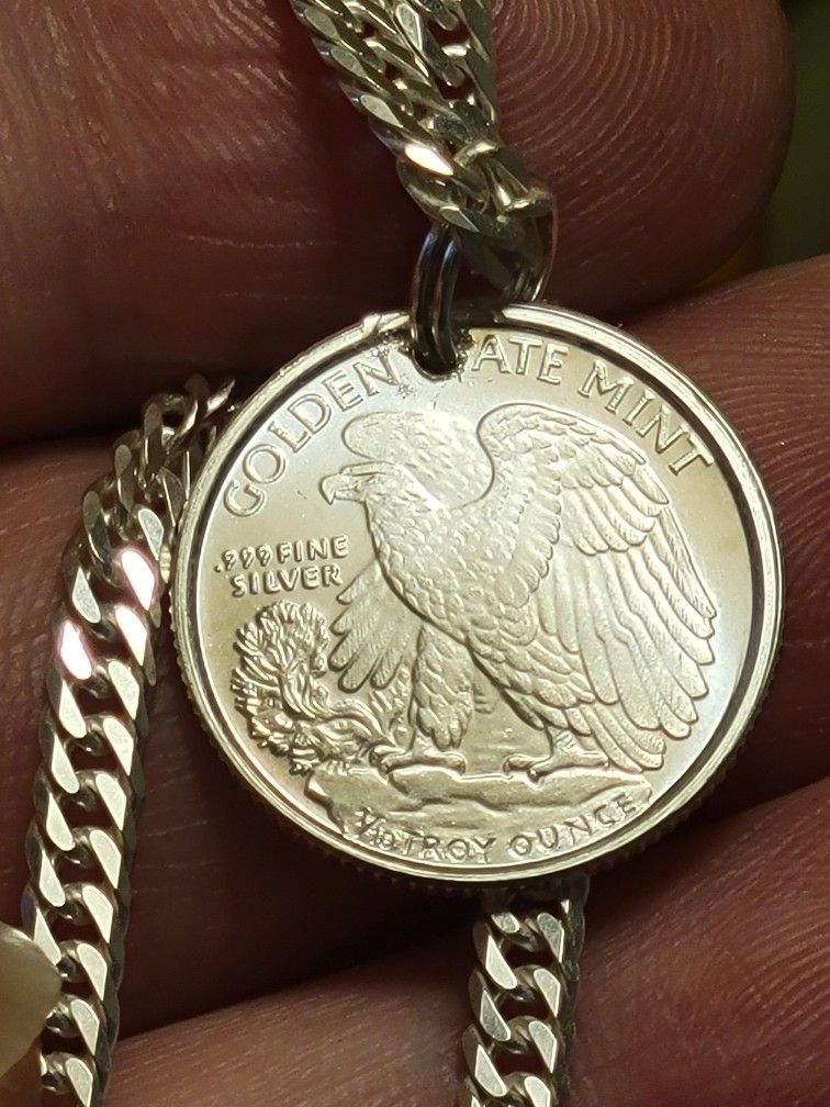 999 Fine Pure Real Silver Handmade Pendant (3g) Walking Liberty