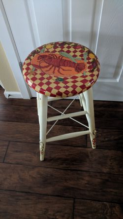 Vintage wooden stool, Lobster And Sea Creatures decor, 24" tall Handcrafter And Hand Painted Furniture.