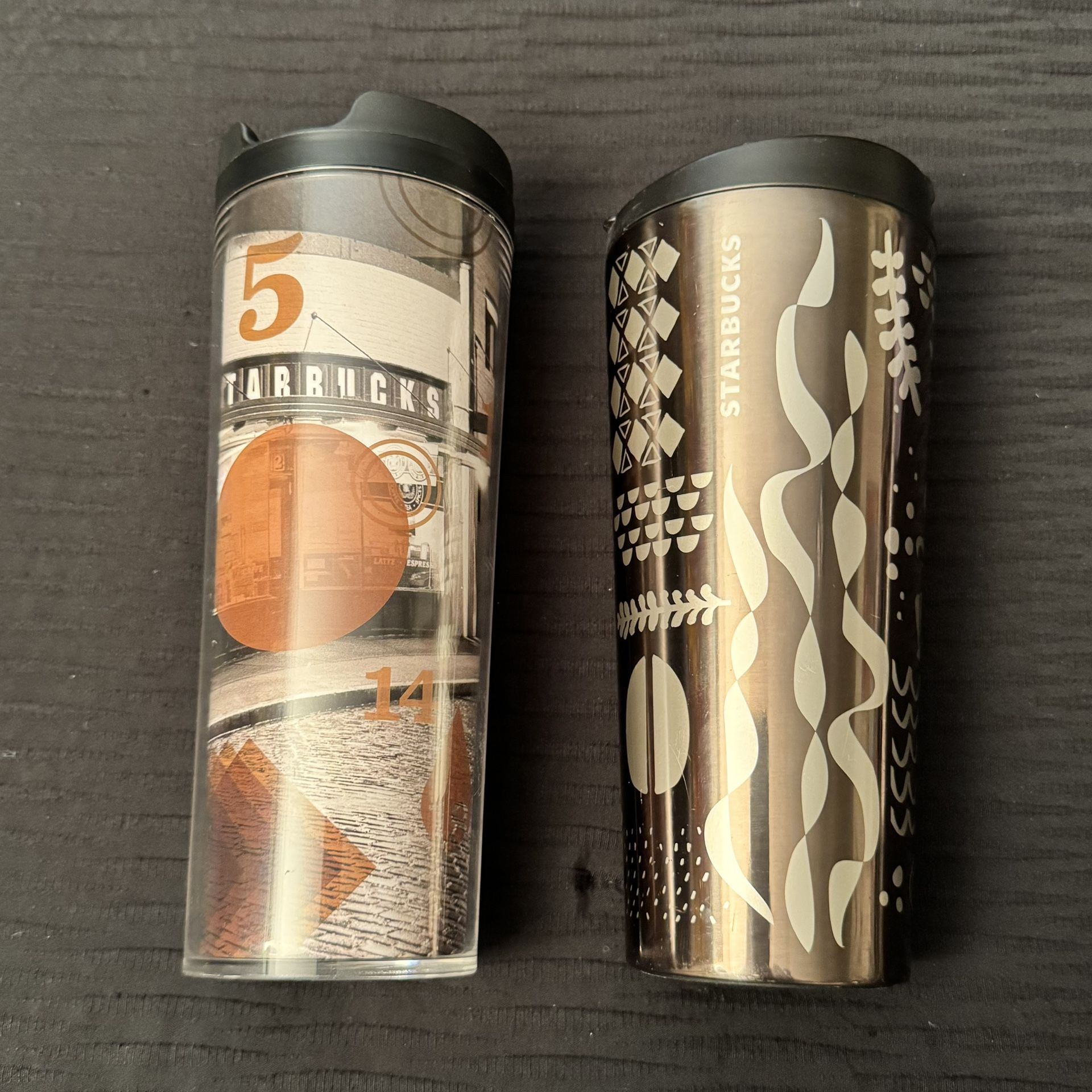 2 Starbucks Tumblers - Pike Place Market travel tumbler 2014 and Dark Gray Siren Stainless Steel Travel Tumbler 2017