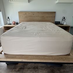 Arhaus Queen Solid Wood Bed frame, nightstands, and Avocado mattress