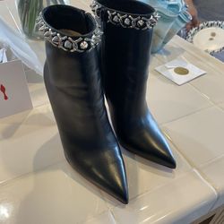 Christian Louboutin Booty Chain  Black Silver Spike Leather Ankle Heel Boot 37.5 US Size 7 Women’s 