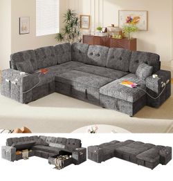 New Sectional sleeper sofa U-shaped Grey fabric