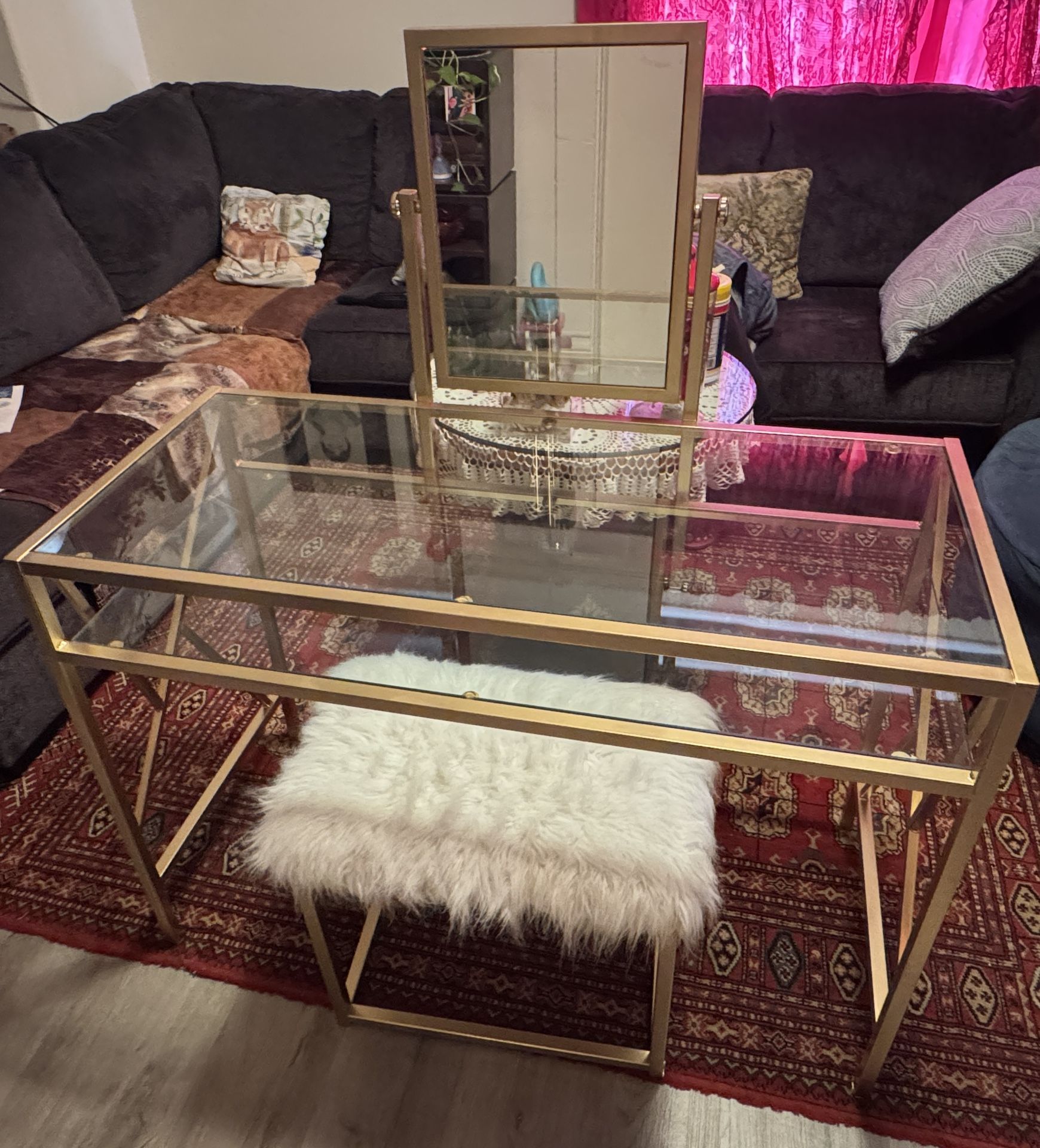 ✨ Elegant Glass Vanity with Mirror & Faux Fur Stool ✨