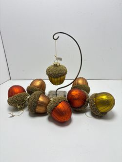 Fall / Christmas Woodland Glass Acorn Ornament Set - Beaded Micro-Bead Cap (8)