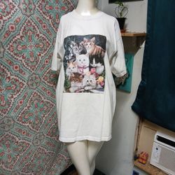 Vintage Anvil White Cat Graphic T-shirt, Size L