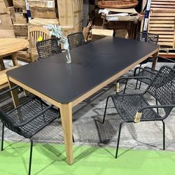 BRAND NEW OPEN BOX 85" OUTDOOR WOOD & RESIN DINING TABLE WITH 6 ROPE CHAIRS / MODERN OUTDOOR FURNITURE
