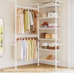 Clothing Rack, Closet Organizer System with 6 Hanging Clothes Rods ( 4 Expandable Rods) & 8 Shelves, Heavy Duty Corner Garment Rack, Large Wardrobe - 