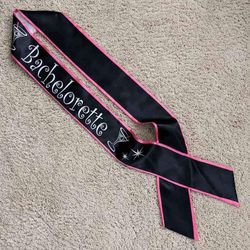 Bachelorette party satin fabric black white pink cloth sash accessory with martini glass and star graphics