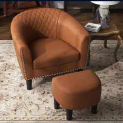 New 28.4" Wide American Traditional Faux Leather Barrel Chair with Ottoman, Brown