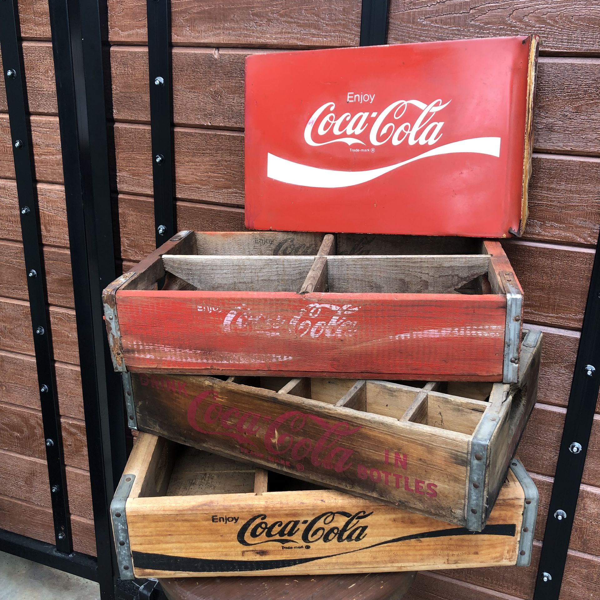Vintage Coca-Cola Wood Crates & Metal Coca-Cola Sign (Lot)