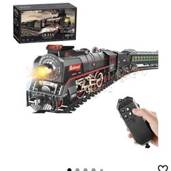 Electric Remote Control Train Set with Smoke, Lights, Sound, Locomotive Train Model with Track, Remote Carriage, USB Rechargeable, Gifts for Train Lov