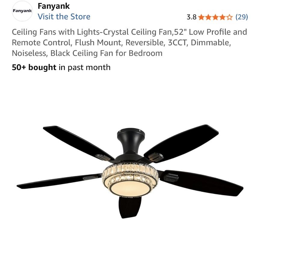 Ceiling Fans with Lights-Crystal Ceiling Fan,52"Low Profile Ceiling Fan Black
