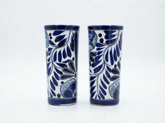 Blue & White Talavera Hand-Painted Ceramic Cups, Hechos en Mexico