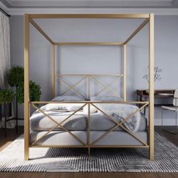 Rosedale Metal Canopy Bed Frame with Four Poster Design and Geometric Accented Headboard QUEEN 