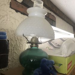 Vintage kerosene lamp milk glass top blue green bottom