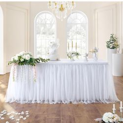 White Tulle Table Skirt L167/14ft×30inch for 4ft 6ft 8ft Rectangle Round Oval Square Tables,White Tutu Table Skirt Cloth for Wedding Party Baby Shower