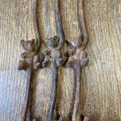 3 Vintage CAST IRON Kettle Hook Cat Bear Pot Hanger Plant Hook Taiwan Monkey 8”