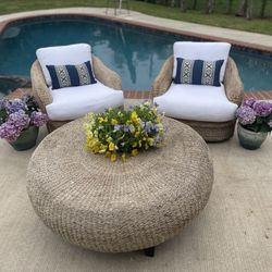 2 Taylor King Seagrass Swivel Chairs with Large woven table with New white back and seat cushions