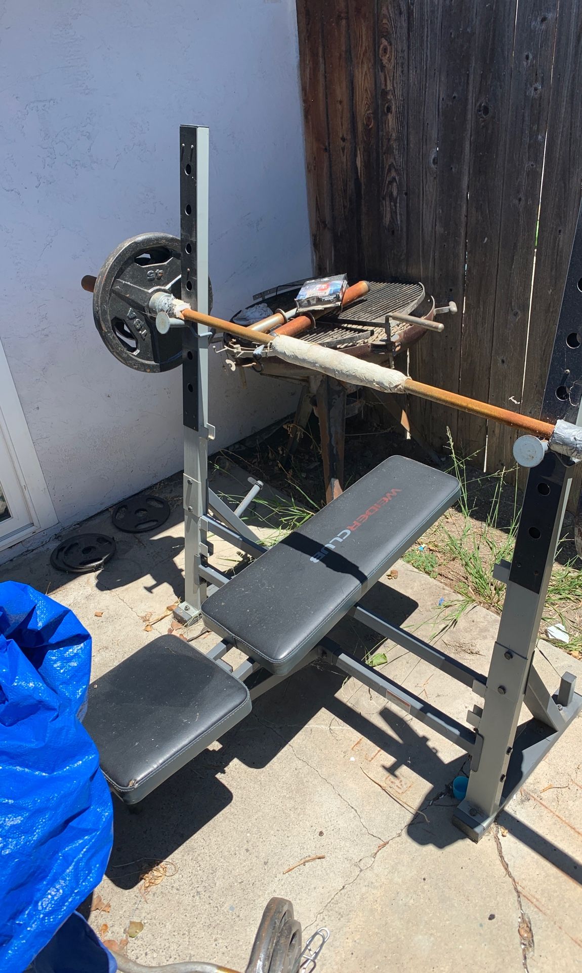 Bench and weights. Curl bar