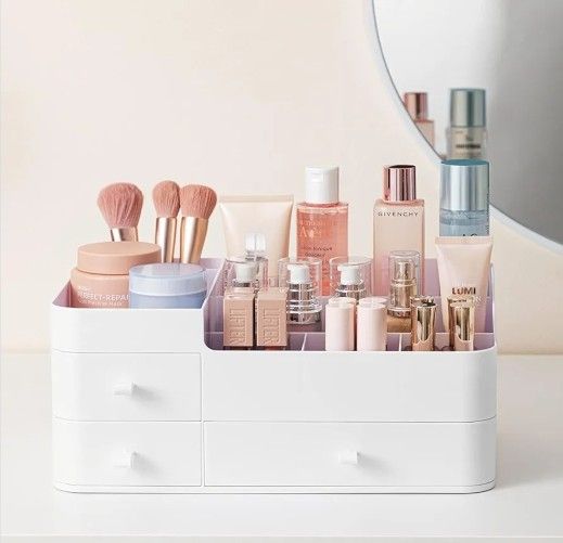 Makeup Organizer & Skincare Storage - Large Cosmetic Organizer with 3 Drawers, 8 Compartments Vanity Storage Box for Bathroom Counter, White