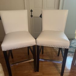 Two White Leather Bar Stools