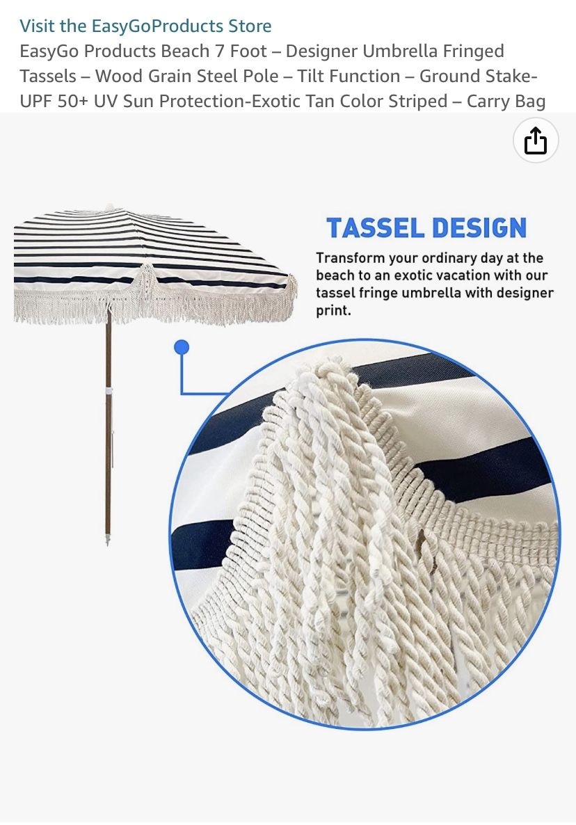 7’ Beach Umbrella Fringed tassels Wood Grain Steel Pole
