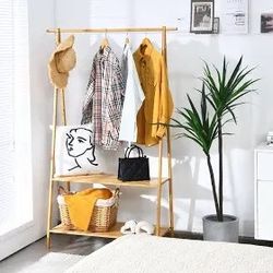 Costway Bamboo Clothes Hanging Rack with 2-Tier Storage Shelf for Entryway Bedroom