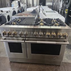 Jenn Air 48 Inch Freestanding Dual Fuel Range with 6 Burners, 6.3 cu. ft. Capacity, Chrome Infused Griddle, Proofing, Temperature Probe: Stainless Ste