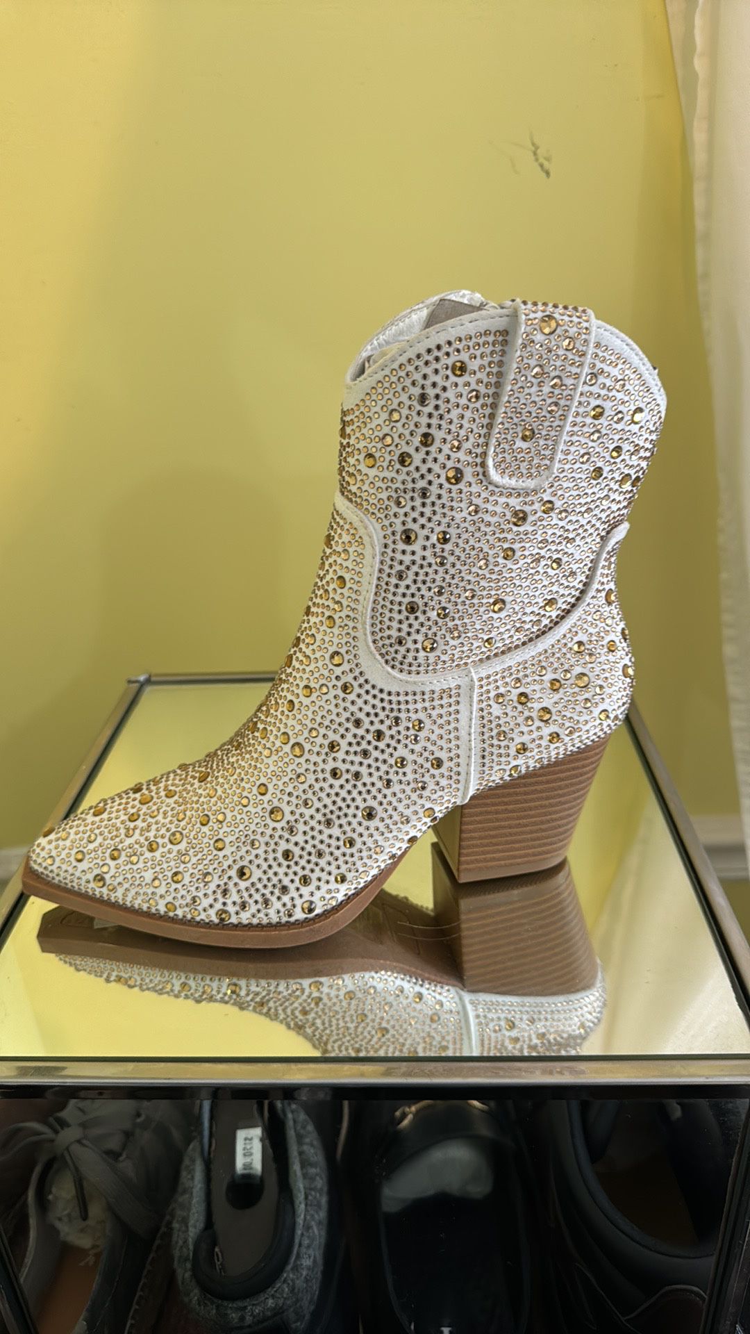 White Chelsie Boots With Brown Rhinestones
