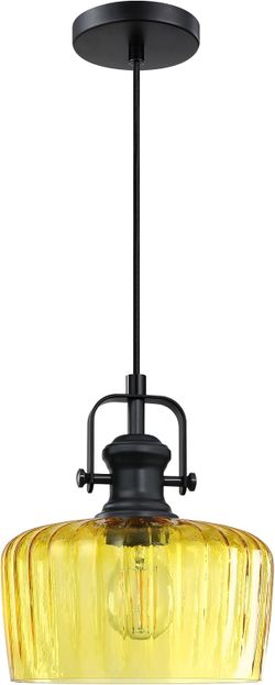 Leading Lighting 1-Light Pendant, 9 Inch Yellow Textured Glass with Black Finish
