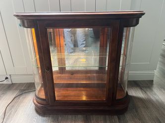Vintage lighted curio cabinet. Glass curved shelf and curved glass sides. Single shelf.