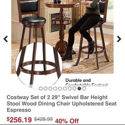 Costway Set of 2 29'' Swivel Bar Height Stool Wood Dining Chair Upholstered Seat Espresso