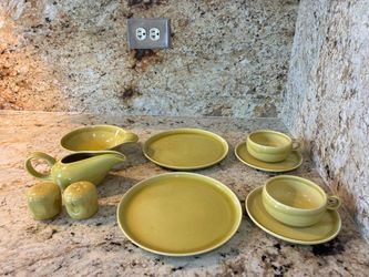 Vintage Russel Wright American Modern by Steubenville Pottery in the classic Chartreuse glaze-10pcs