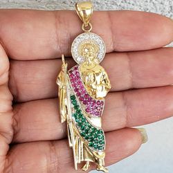 Real 14k yellow Gold Saint Jude juda Pendant 2.50 inch long