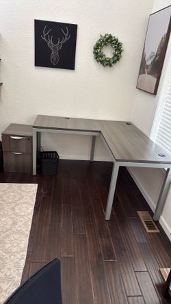 L shaped office desk and filing cabinet industrial grade office set