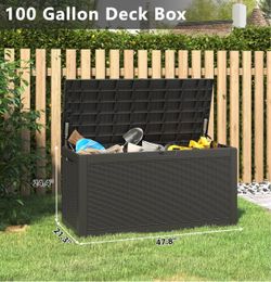 C） 100 Gal Outdoor Storage Box Waterproof Lockable,Deck Box,Gas Lift,Black Waterproof Resin Deck Box, Lockable Gas Lift Outdoor Box Storage for Patio 