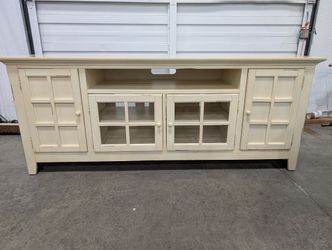 Distressed Cream Wood Media Console with Glass Doors