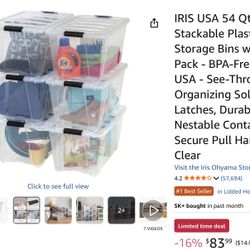 IRIS USA 54 Qt Stackable Plastic Storage Bins with Lids, 6