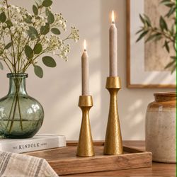 Gold Iron Taper Candle Holders – Set of 2 – Modern Decorative Candlestick Stands