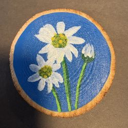 Hand Painted White Daisies Wood Slice